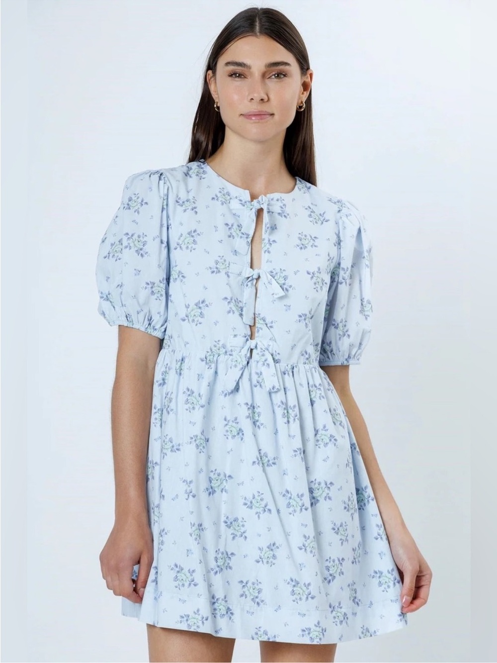 vestique Light Blue Floral Tie-Front Puff Sleeve Mini Dress